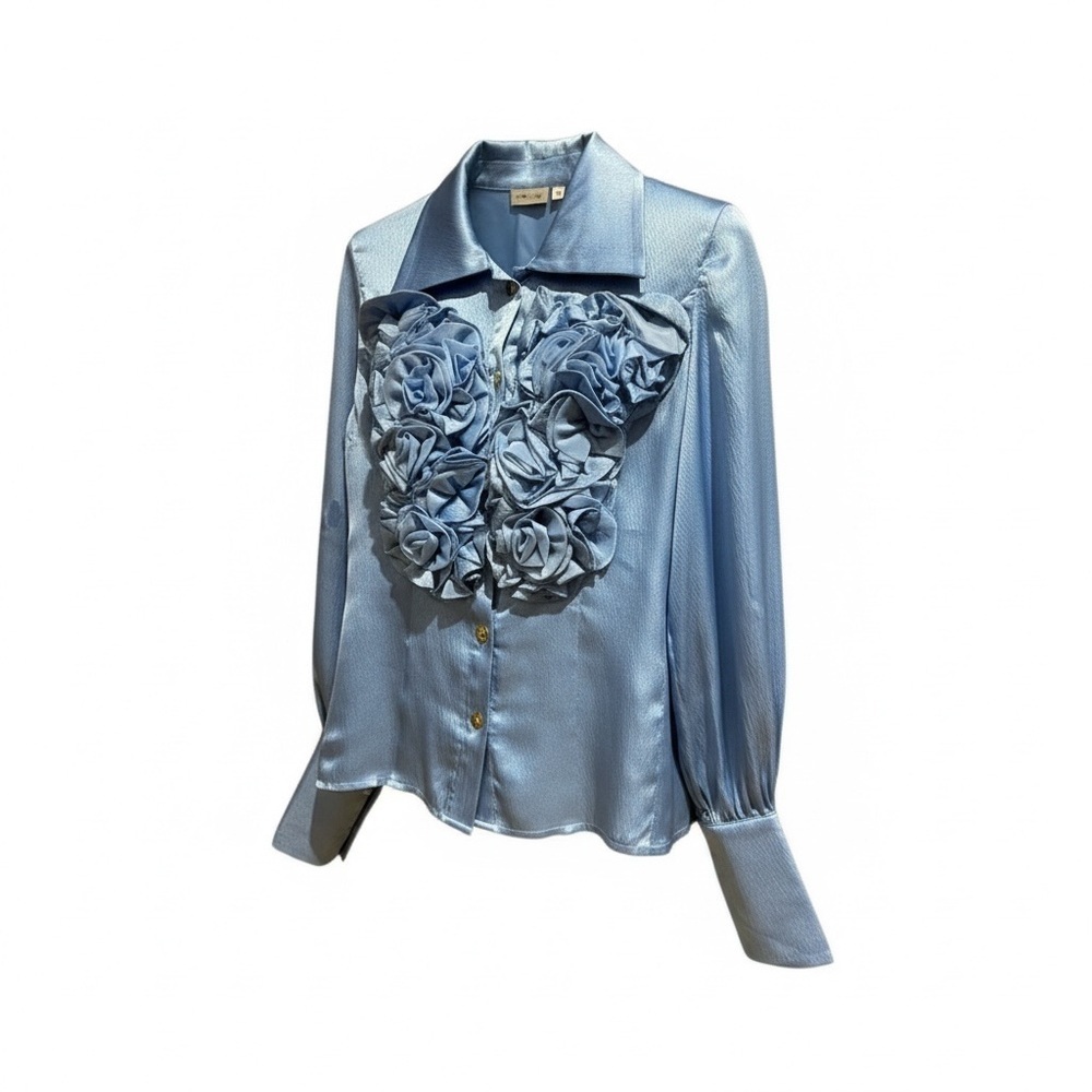 Nwot Jovani Vintage Y2k Silk Light Blue Floral Blouse Size 4